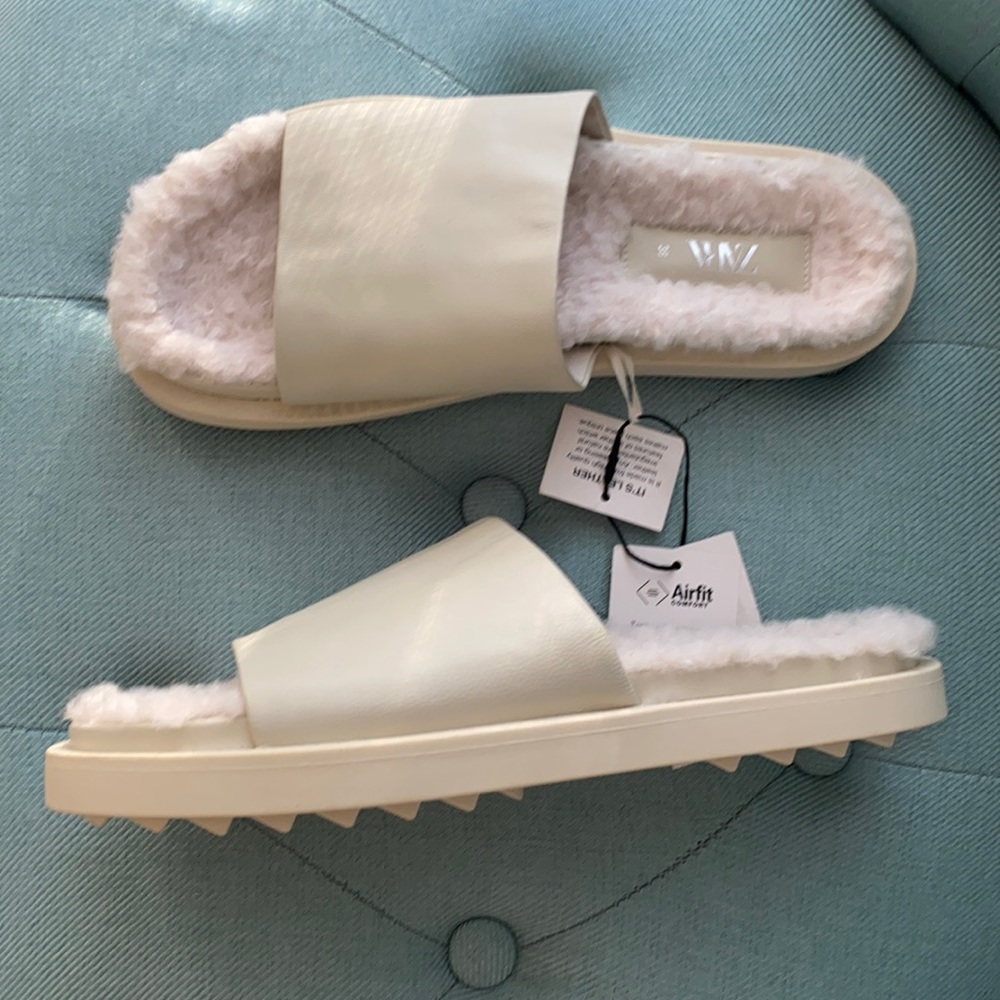 𝗡𝗪𝗧 𝗭𝗮𝗿𝗮 • Leather Flat Sandals Off-White Minimalist Comfort Slides - Picture 13 of 17